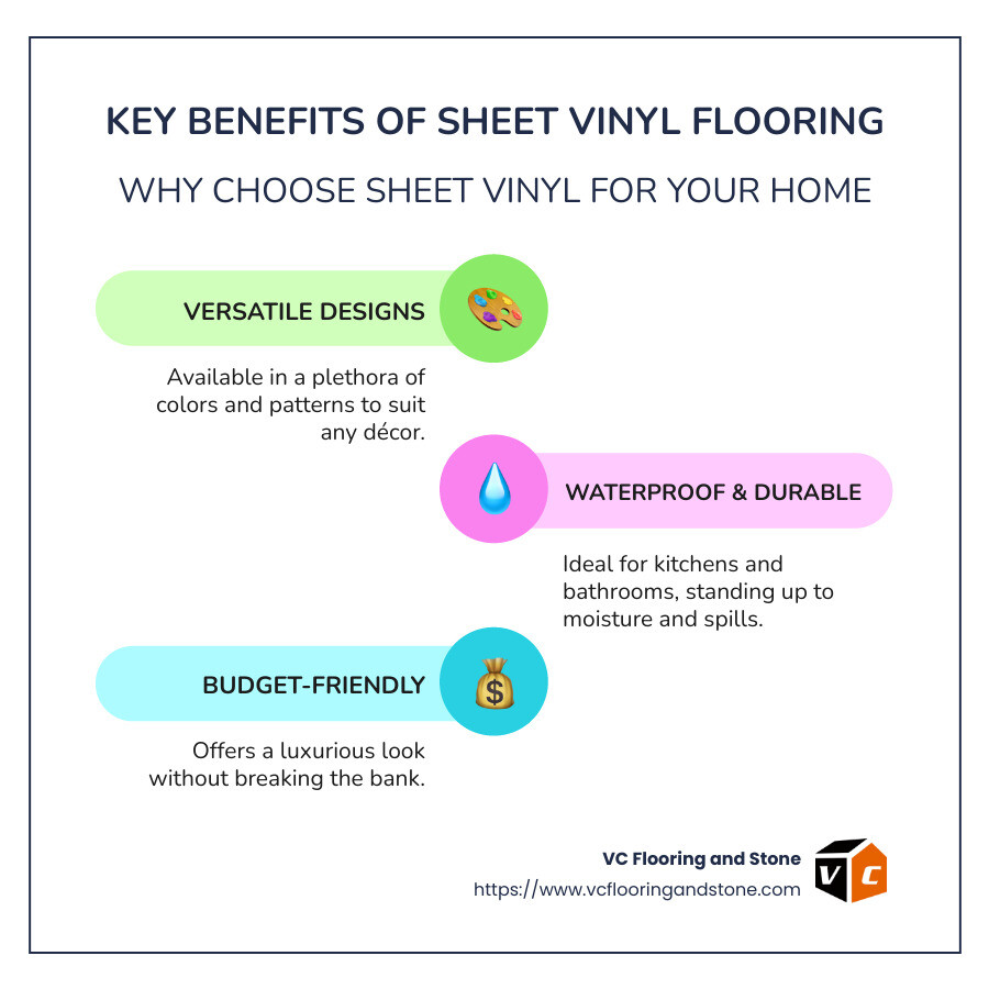 Infographic explaining key benefits of sheet vinyl flooring - sheet vinyl flooring in honolulu infographic infographic-line-3-steps-colors