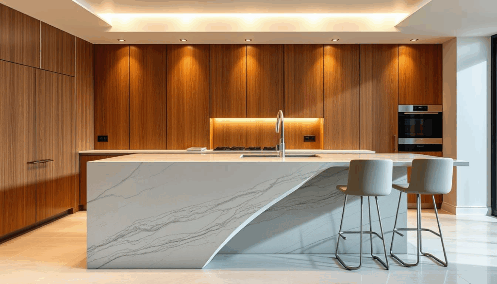 Modern kitchen island countertop with sleek design.