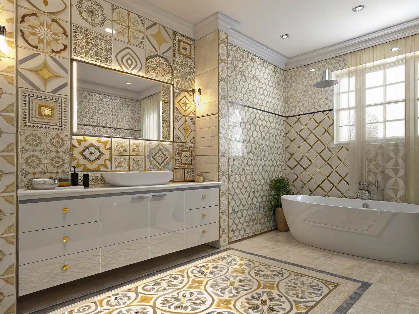 A contemporary vanity unit with a sleek countertop and ample storage space, set against a backdrop of a modern bathroom with stylish tiles.