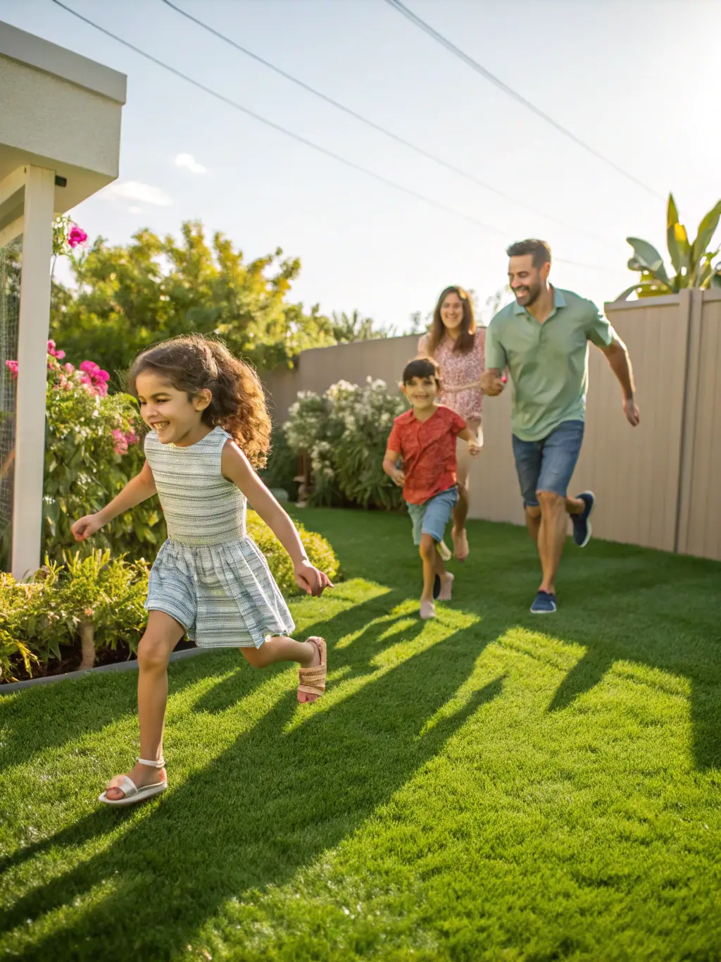 A family happily playing in their yard, enclosed by a secure vinyl fence, emphasizing the safety and peace of mind it provides.