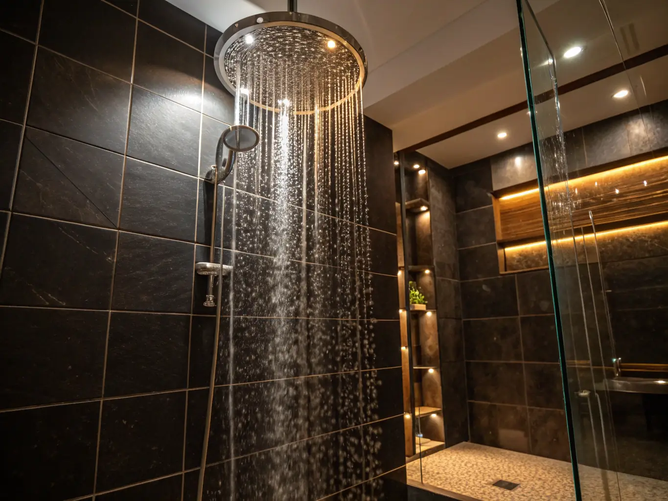 A sleek, modern shower panel with a rainfall showerhead and body jets, installed in a contemporary bathroom setting with minimalist design.