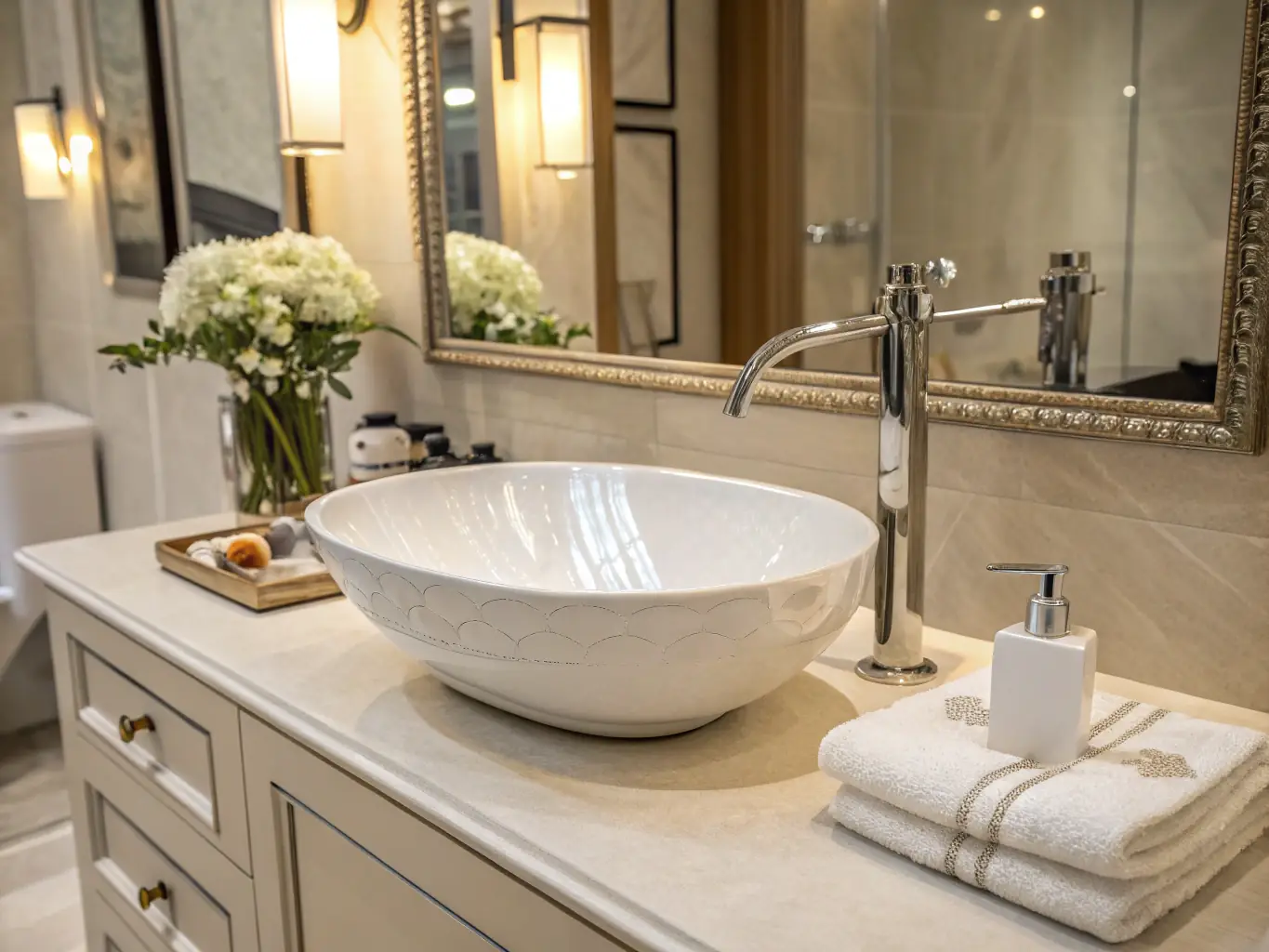 A close-up shot of a beautifully designed ceramic sink with a modern faucet, placed on a marble countertop in a well-lit bathroom.