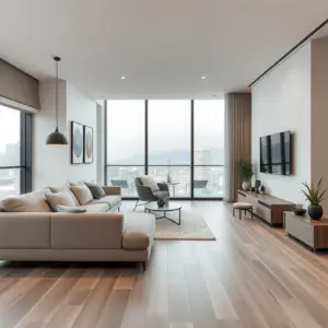styled Hawaii vacation rental condo with city view, light cabinets, and modern furnishings