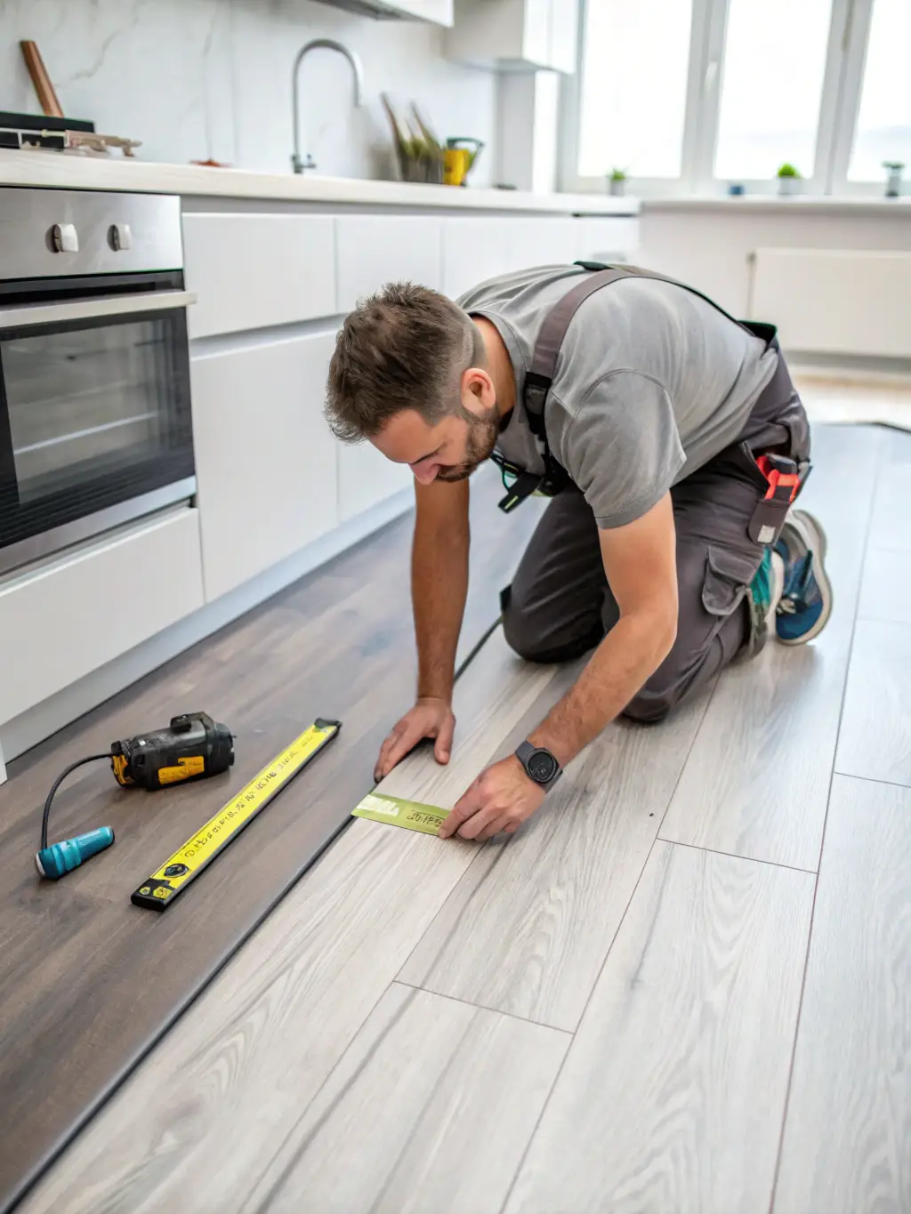 A close-up shot of vinyl flooring being installed in a high-traffic area of a home, showcasing its durability and resistance to wear and tear, emphasizing the longevity of VC Flooring and Stone's products.