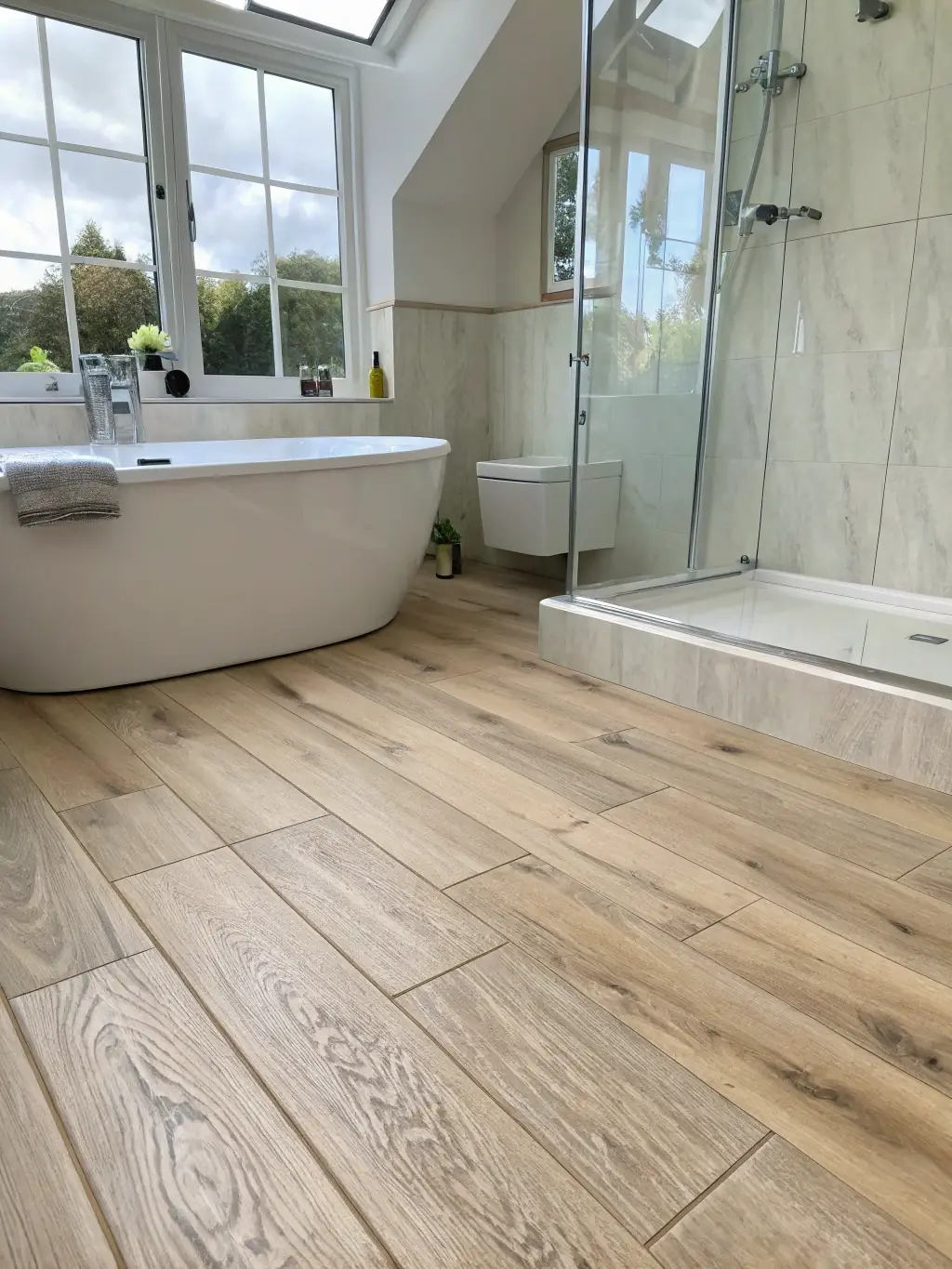 A vibrant bathroom scene featuring VC Flooring and Stone's water-resistant vinyl flooring, highlighting its ability to prevent water damage and maintain a pristine look in humid environments.