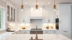 inished Hawaii condo kitchen with light Shaker cabinets, quartzite counters
