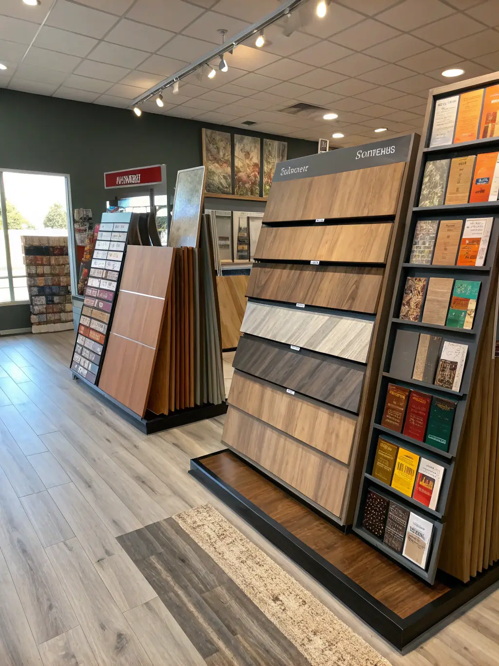 A family happily selecting affordable vinyl flooring options at a VC Flooring and Stone showroom, emphasizing the cost-effectiveness and value provided by the company's products.