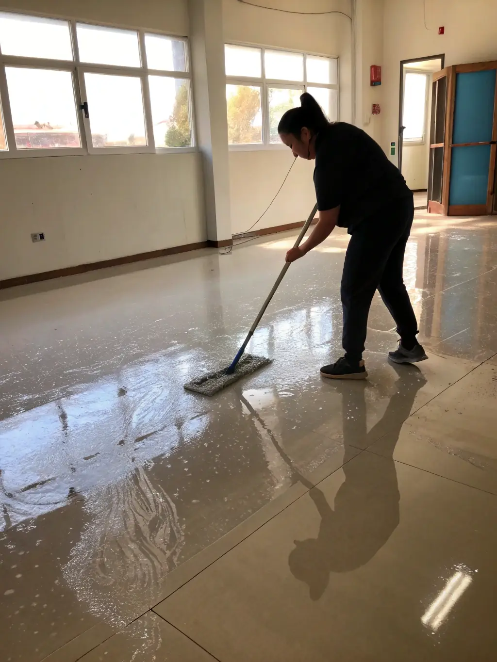 A homeowner effortlessly cleaning VC Flooring and Stone's vinyl flooring with a simple mop, demonstrating the ease of maintenance and time-saving benefits of choosing vinyl tiles.